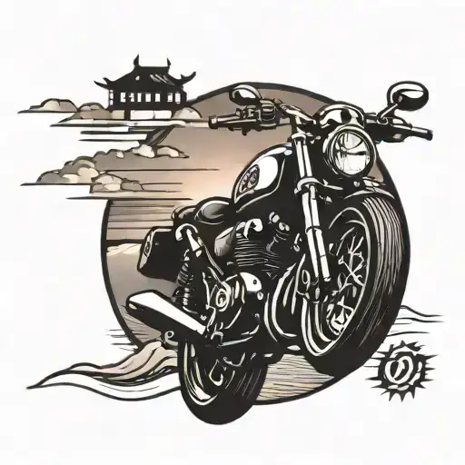 A motorcycle riding through a beach sunset, with the word 'love' incorporated into the design tattoo design idea