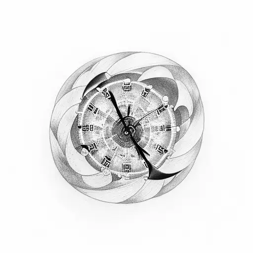 Tattoo in the form of a spiral clock. The past time turns into dust, the future time is covered with fog tattoo design idea