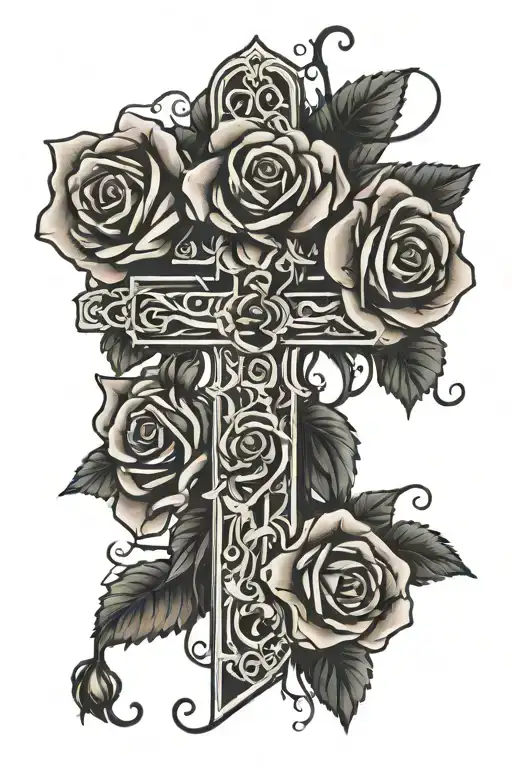 cross and roses wrapped tattoo design idea
