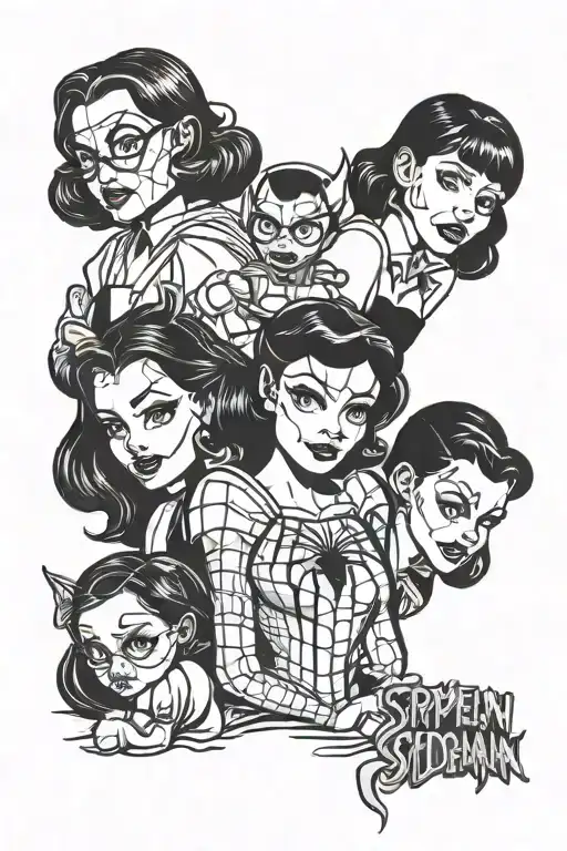 spiderman,snow white, dorothy and wednesday addams tattoo design idea