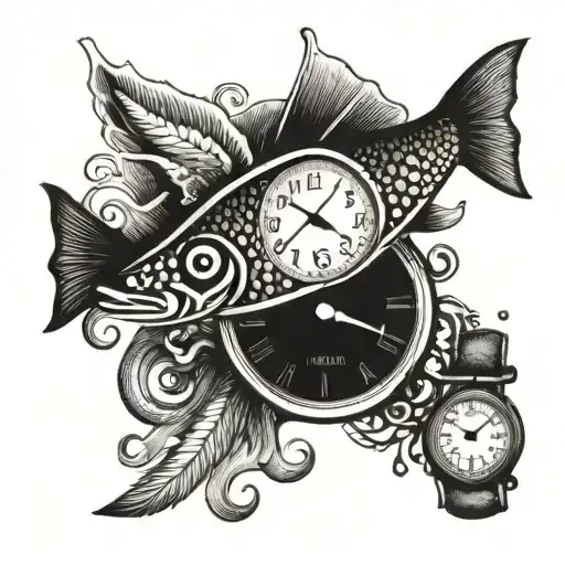 fish lure and a wrist watch, with a bible verse in black and white tattoo design idea