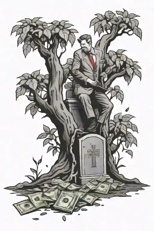 fallen soldiers grave with a money tree growing out of the grave while a politician picks the dollars from the tree. tattoo design idea