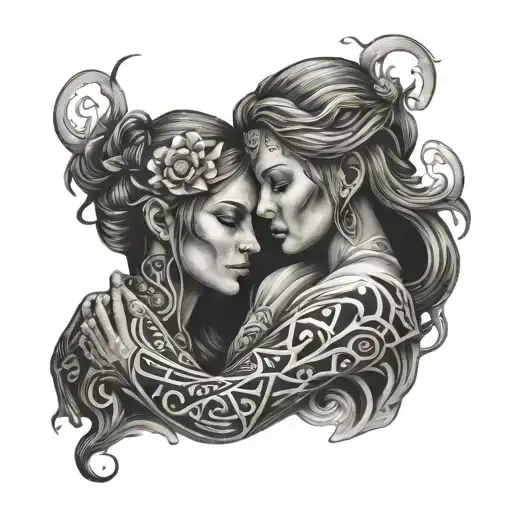 two lost souls holding each other tattoo design idea