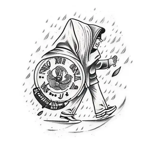 Man walking in rain with hood up tattoo design idea