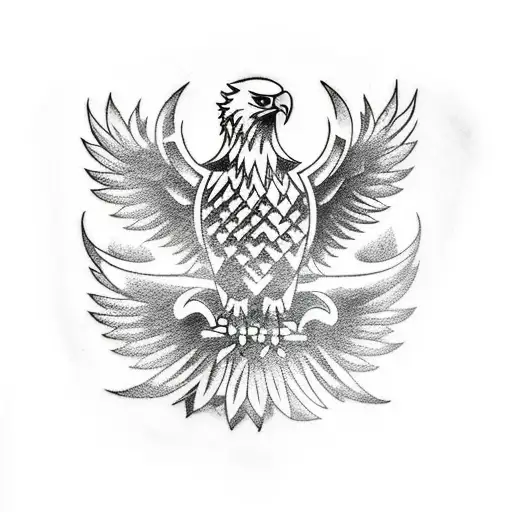 A tattoo of a Russian prison-style eagle, holding a motorcycle wheel instead of a sword tattoo design idea