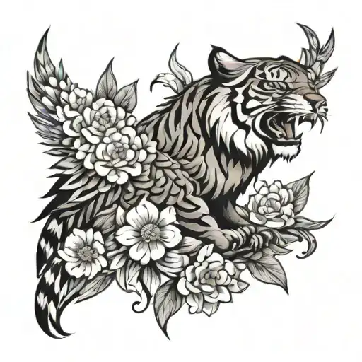tiger eagle and flowers tattoo design idea