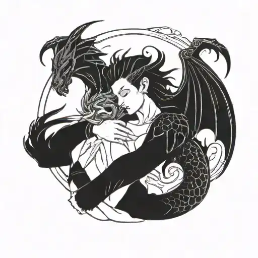 western dragon protecting a woman in his arms tattoo design idea