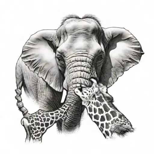 elephant and giraffe head tattoo design idea