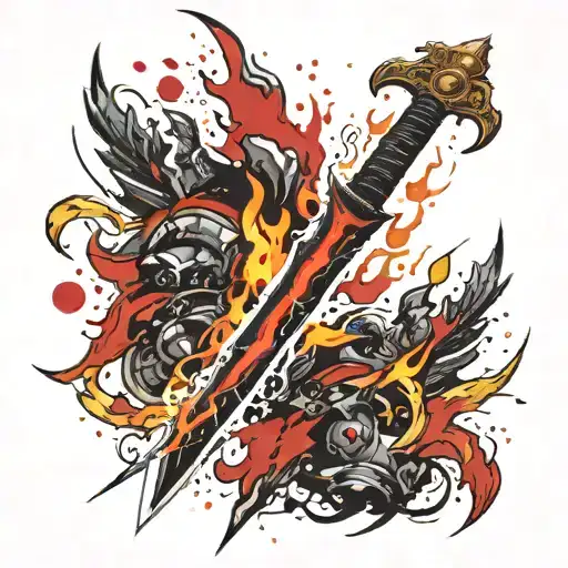 flaming sword with red fire, stars that look like jewels and golden lightning bolts coming out of it tattoo design idea