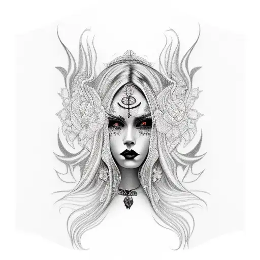 lady in black long hair blac cloak tattoo design idea