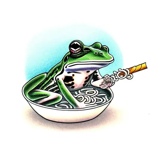 frog smoking a joint sitting in a bowl of ramen tattoo design idea