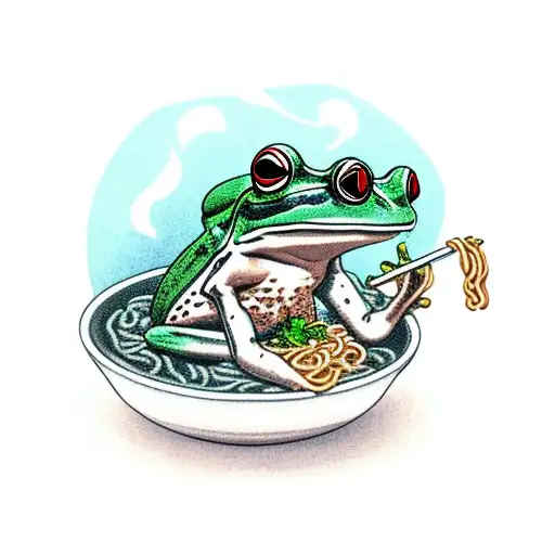 frog smoking a joint sitting in a bowl of ramen tattoo design idea