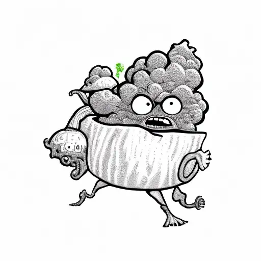 Angry Broccoli that looks like a Chef, riding a snail that looks like a waiter tattoo design idea