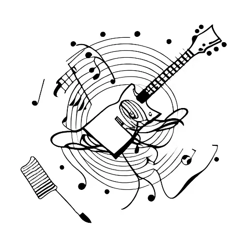 A paintbrush and a guitar intertwined tattoo design idea