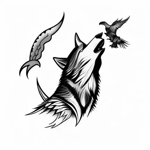 tribal black and white wolf howling with raven and dove  tattoo design idea