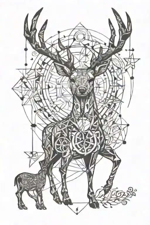 deer and spider and symbol of wealth and symbol of luck and chakras and tree of immortality and lightning and family  tattoo design idea
