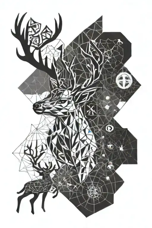  deer, spider, lightning, family and lucky numbers  And the tree of immortality and the symbol of wealth and chakras  tattoo design idea