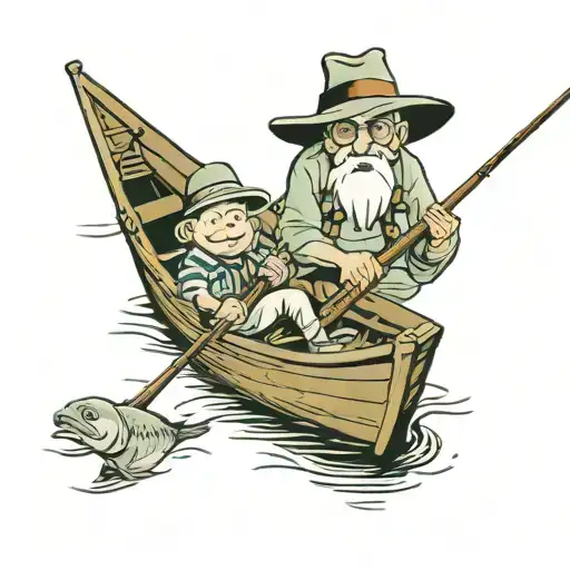 grandpa and grandson fishing in a row boat  tattoo design idea