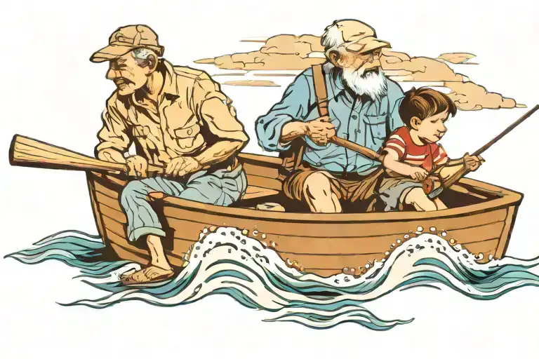 grandpa and grandson fishing in a row boat facing away tattoo design idea