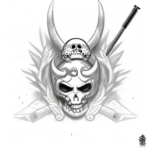 Incorporate a mascara oni and caveira into a sketch-style tattoo tattoo design idea