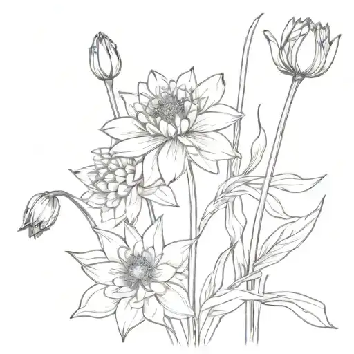 Chrysanthemums flower and Narcissus flower mixed together with stems and no shading tattoo design idea