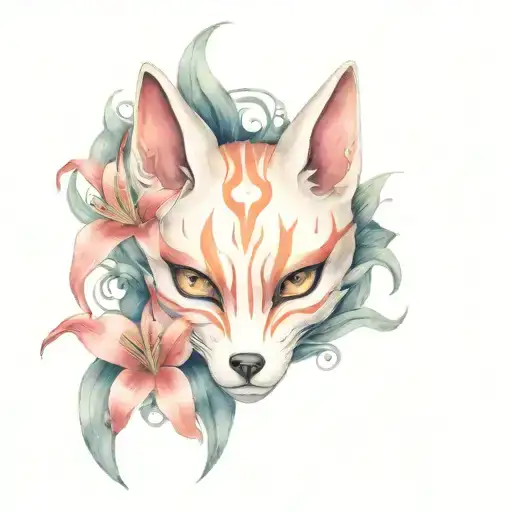 Kitsune Mask surrounded by spider lily flowers blooming tattoo design idea