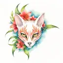 Kitsune Mask surrounded by spider lily flowers blooming tattoo design idea