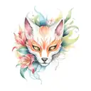 Kitsune Mask surrounded by spider lily flowers blooming tattoo design idea