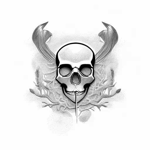 skull 3d with clock and branches tattoo design idea