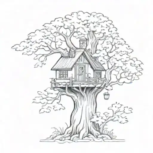 A magical forest scene with a hidden Dobby the house elf peeking out from behind a tree tattoo design idea