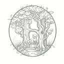 A magical forest scene with a hidden Dobby the house elf peeking out from behind a tree tattoo design idea