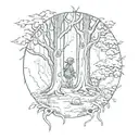 A magical forest scene with a hidden Dobby the house elf peeking out from behind a tree tattoo design idea