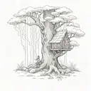 A magical forest scene with a hidden Dobby the house elf peeking out from behind a tree tattoo design idea