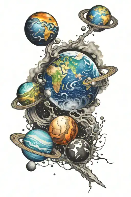space with planets and an imploding earth (ultrarealistic) tattoo design idea