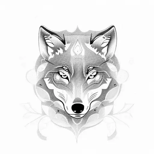 Create a dotwork tattoo featuring a wolf in a serene forest setting, with other animals subtly hidden within the design. tattoo design idea