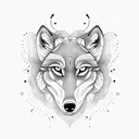 Create a dotwork tattoo featuring a wolf in a serene forest setting, with other animals subtly hidden within the design. tattoo design idea