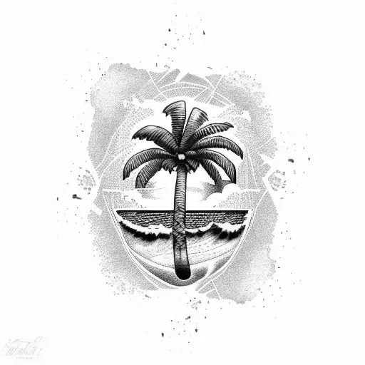 A dotwork tattoo of a palm tree on a tropical island with waves crashing in the background tattoo design idea