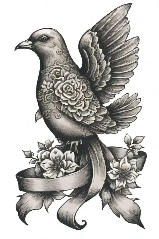 An intricate design of a memorial dove holding a ribbon with Auntie Bridget's name, surrounded by delicate flowers and a cross, representing eternal love and peace tattoo design idea