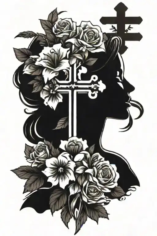 A silhouette of a woman holding a bouquet of flowers, with a cross in the background, symbolizing eternal love and remembrance for Auntie Bridget tattoo design idea