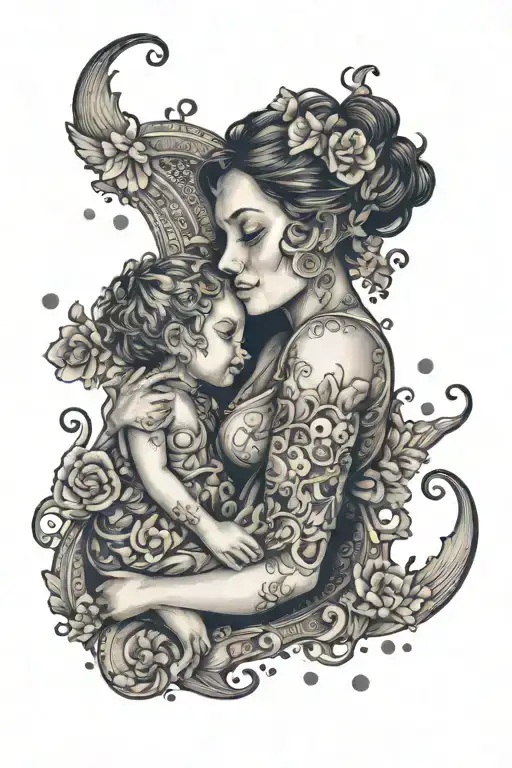 A tattoo design symbolizing the bond between a mother and her child, with elements of comedy incorporated tattoo design idea