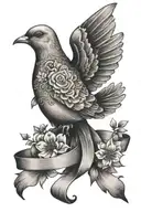 An intricate design of a memorial dove holding a ribbon with Auntie Bridget's name, surrounded by delicate flowers and a cross, representing eternal love and peace tattoo design idea