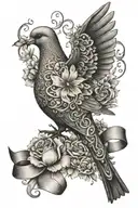 An intricate design of a memorial dove holding a ribbon with Auntie Bridget's name, surrounded by delicate flowers and a cross, representing eternal love and peace tattoo design idea