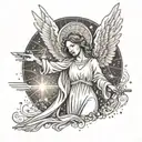 An abstract representation of Auntie Bridget's spirit as a guardian angel holding a cross, with rays of light emanating from her, symbolizing her eternal presence and protection tattoo design idea