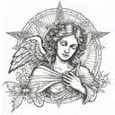 An abstract representation of Auntie Bridget's spirit as a guardian angel holding a cross, with rays of light emanating from her, symbolizing her eternal presence and protection tattoo design idea