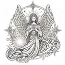 An abstract representation of Auntie Bridget's spirit as a guardian angel holding a cross, with rays of light emanating from her, symbolizing her eternal presence and protection tattoo design idea