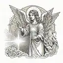 An abstract representation of Auntie Bridget's spirit as a guardian angel holding a cross, with rays of light emanating from her, symbolizing her eternal presence and protection tattoo design idea