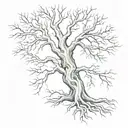 A sketch-style tattoo of a tree with Auntie Bridget's name carved into the trunk, with roots forming a heart shape and branches reaching towards the sky, symbolizing eternal love and connection tattoo design idea