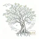 A sketch-style tattoo of a tree with Auntie Bridget's name carved into the trunk, with roots forming a heart shape and branches reaching towards the sky, symbolizing eternal love and connection tattoo design idea