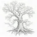 A sketch-style tattoo of a tree with Auntie Bridget's name carved into the trunk, with roots forming a heart shape and branches reaching towards the sky, symbolizing eternal love and connection tattoo design idea