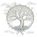 A sketch-style tattoo of a tree with Auntie Bridget's name carved into the trunk, with roots forming a heart shape and branches reaching towards the sky, symbolizing eternal love and connection tattoo design idea